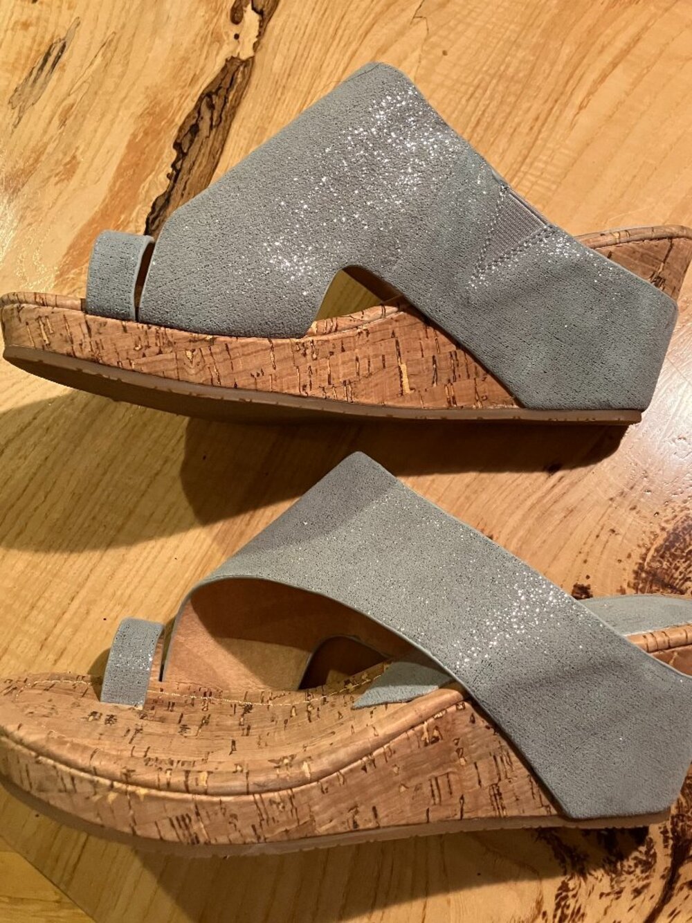 Donald J Pliner Silver Metallic Leather Cork Wedge Sandals Toe Loop